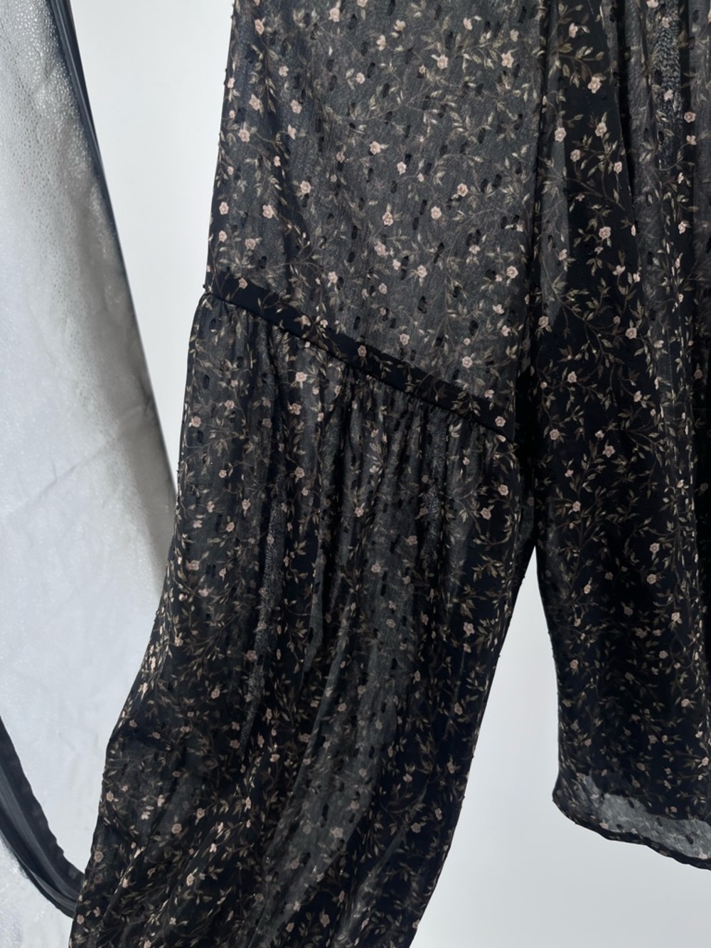 Blu Pepper Black Floral Sheer Blouse Ruffle Tie Neck Long Sleeve Boho Top - Picture 5 of 11